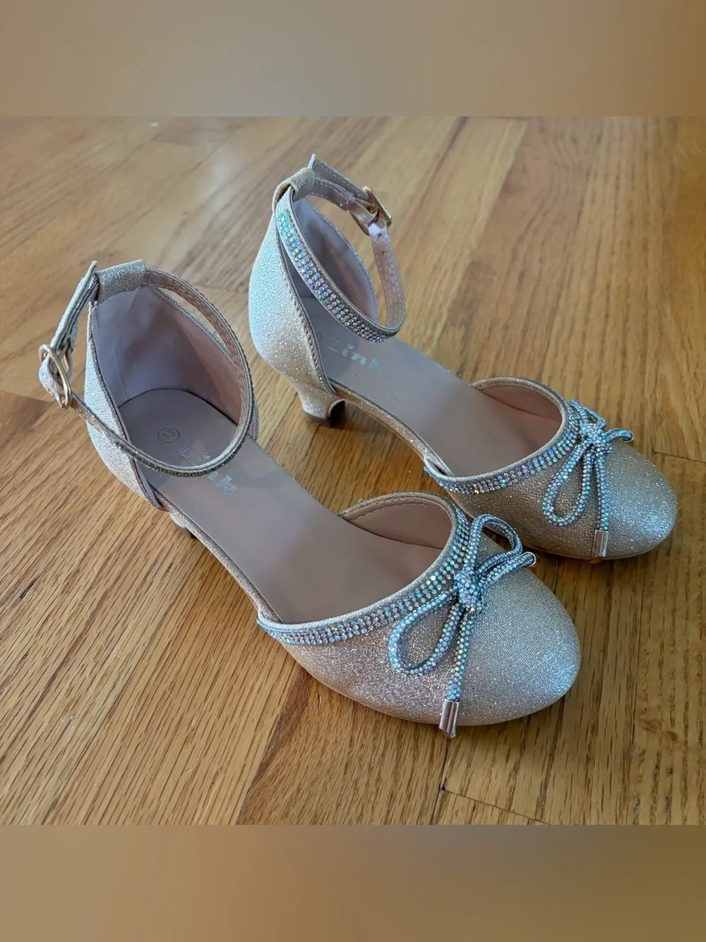 Sparkle Bow Ankle-Strap Girl’s Heels - Gold